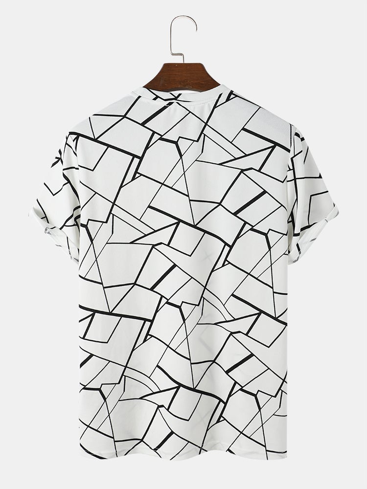 Men's All-Over Geometric Lines Print T-Shirt | White Crew Neck Short Sleeve