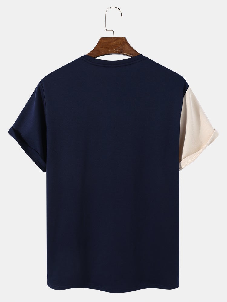 Men's Tricolor Patchwork T-Shirt | Crew Neck Short Sleeve Preppy Style