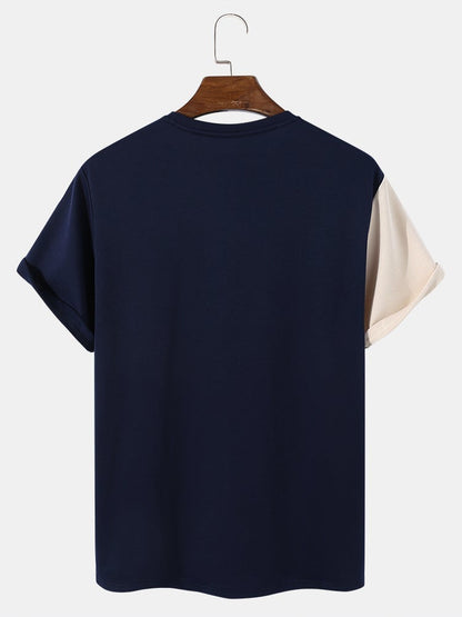 Men's Tricolor Patchwork T-Shirt | Crew Neck Short Sleeve Preppy Style