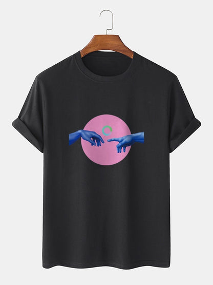 Men's 100% Cotton Hand Circle Print T-Shirt | Crew Neck Preppy Short Sleeve Style