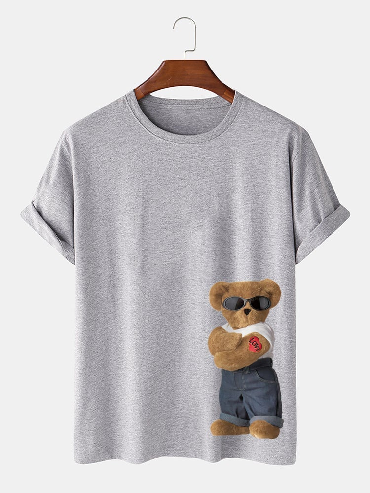 Men's 100% Cotton Cartoon Bear Pattern T-Shirt | Preppy Short Sleeve Style