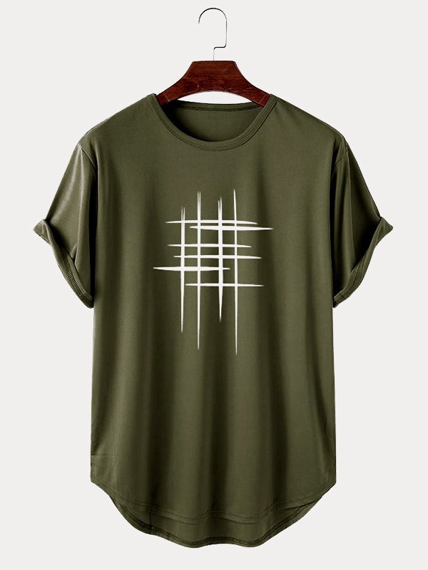 Men's Line Graphic High Low Curved Hem T-Shirt | Sports Short Sleeve Style