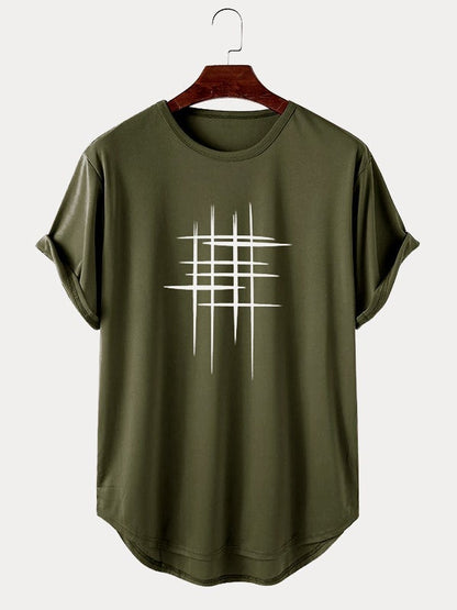 Men's Line Graphic High Low Curved Hem T-Shirt | Sports Short Sleeve Style