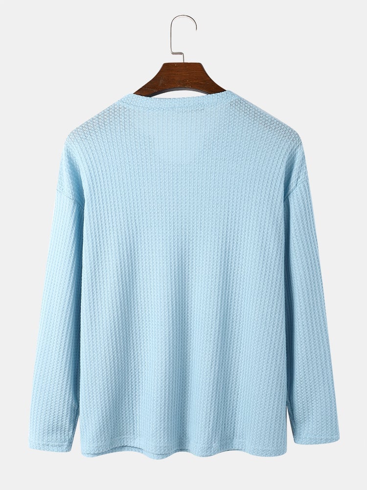 Men's Knit Texture Side Split T-Shirt | Loose Long Sleeve Plain Style