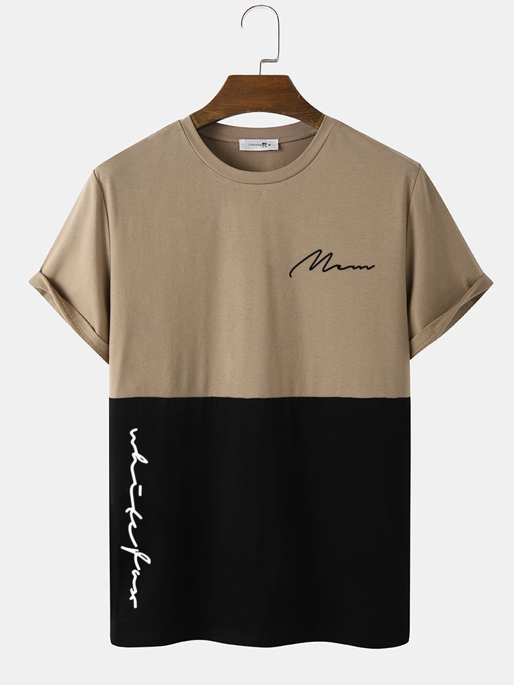 Men's Script Print Two-Tone Stitching T-Shirt | Casual Short Sleeve Style