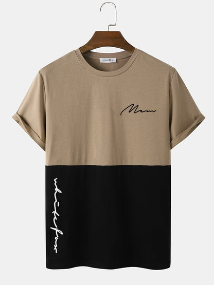 Men's Script Print Two-Tone Stitching T-Shirt | Casual Short Sleeve Style