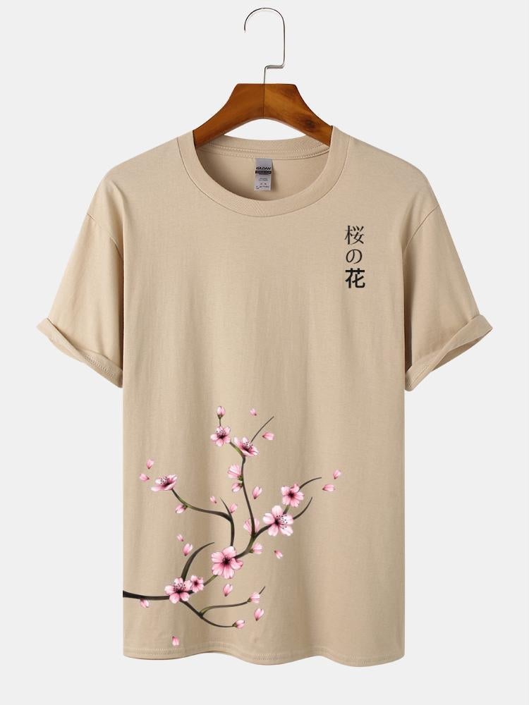 Men's Japanese Style Cherry Blossoms Print T-Shirt | Cotton Short Sleeve