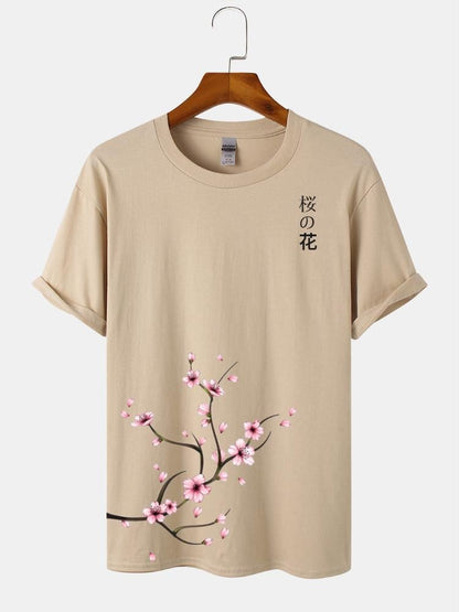 Men's Japanese Style Cherry Blossoms Print T-Shirt | Cotton Short Sleeve
