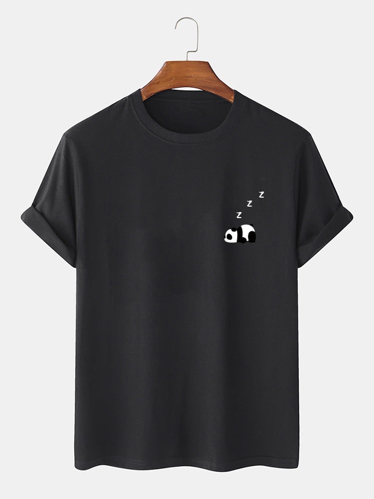 Men's 100% Cotton Panda Print T-Shirt | Solid Color Thin Casual Style