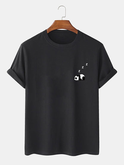 Men's 100% Cotton Panda Print T-Shirt | Solid Color Thin Casual Style