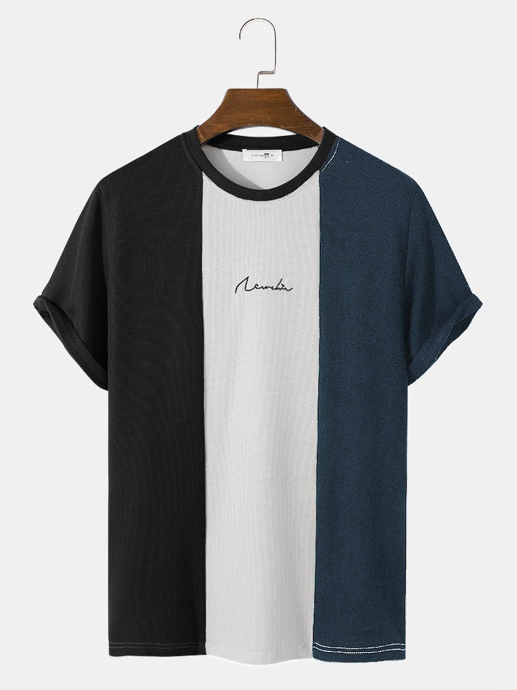 Men's Block Stripe Patchwork T-Shirt | Embroidered Knit Short Sleeve Preppy Style