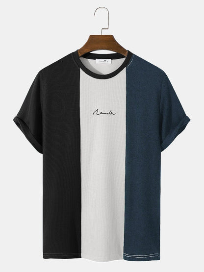 Men's Block Stripe Patchwork T-Shirt | Embroidered Knit Short Sleeve Preppy Style