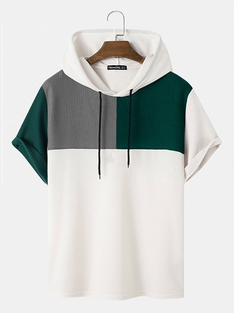 Men's Waffle Knit Color Block T-Shirt | Loose Patchwork Short Sleeve Hooded Style