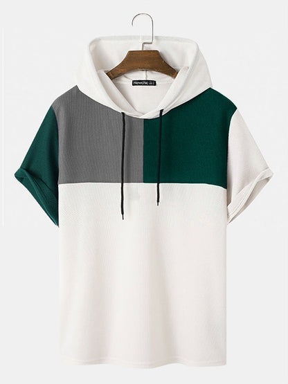 Men's Waffle Knit Color Block T-Shirt | Loose Patchwork Short Sleeve Hooded Style