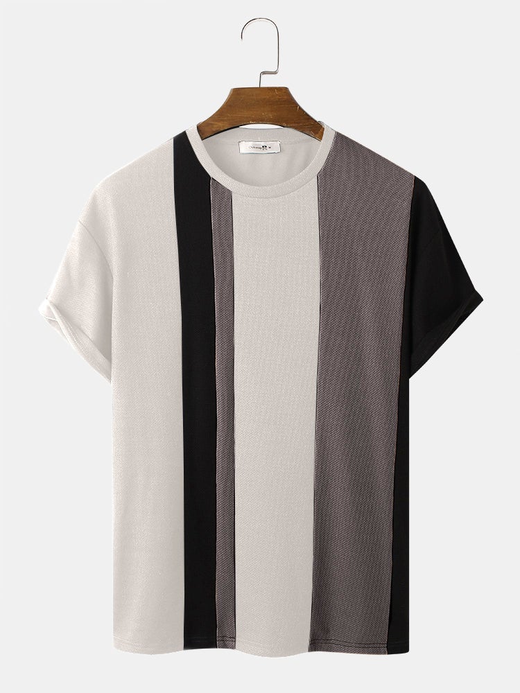 Men's Knitted Contrasting Color T-Shirt | Short Sleeve Stitching Style