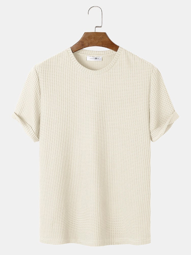 Men's Plain Texture Knitted Waffle T-Shirt | Short Sleeve Style