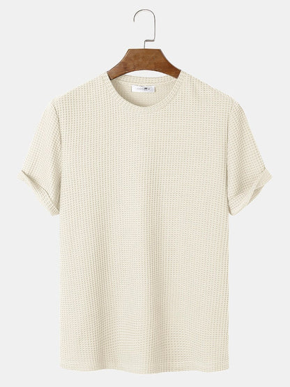 Men's Plain Texture Knitted Waffle T-Shirt | Short Sleeve Style