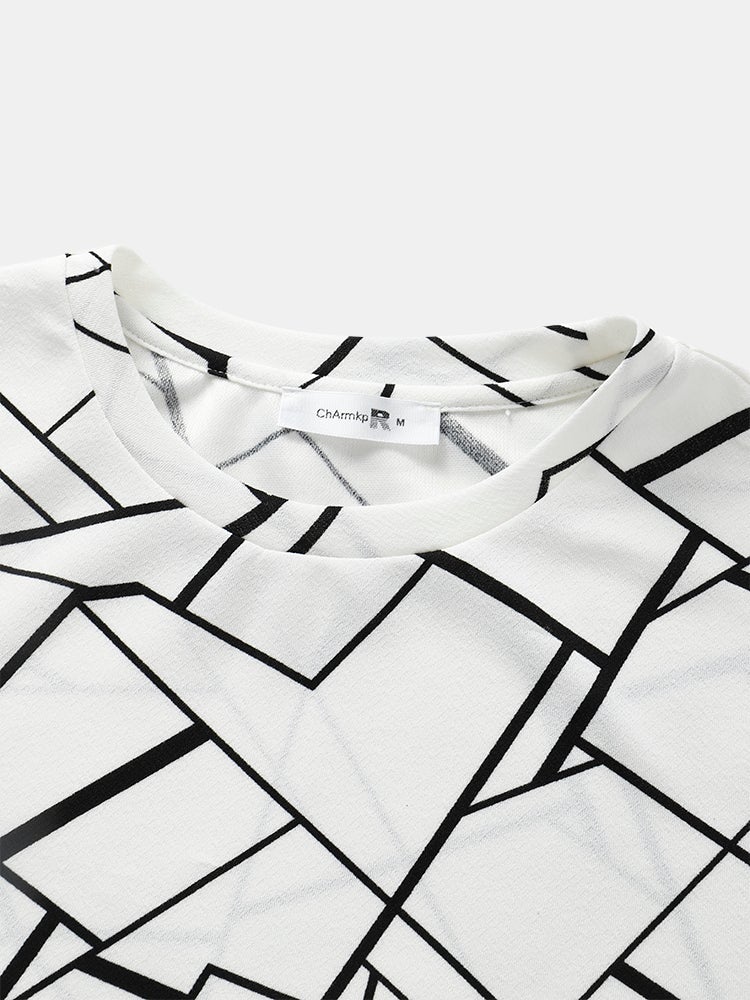 Men's All-Over Geometric Lines Print T-Shirt | White Crew Neck Short Sleeve