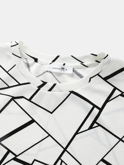Men's All-Over Geometric Lines Print T-Shirt | White Crew Neck Short Sleeve