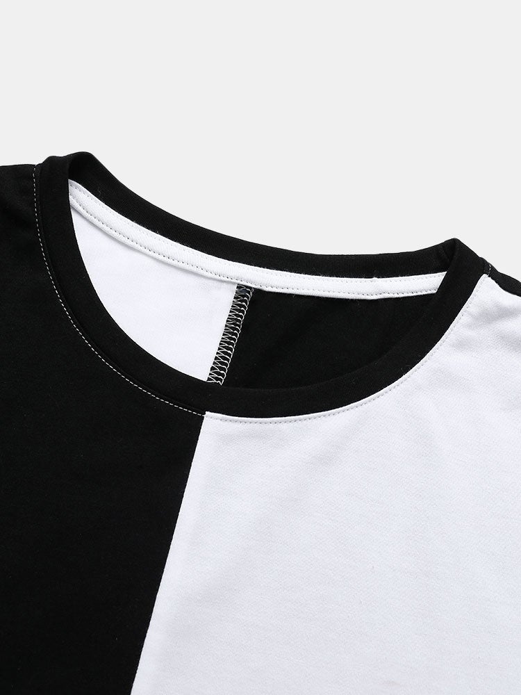 Men's Two-Tone Patchwork T-Shirt | Funny Face Print Preppy Short Sleeve