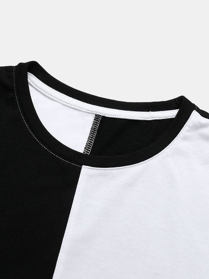 Men's Two-Tone Patchwork T-Shirt | Funny Face Print Preppy Short Sleeve