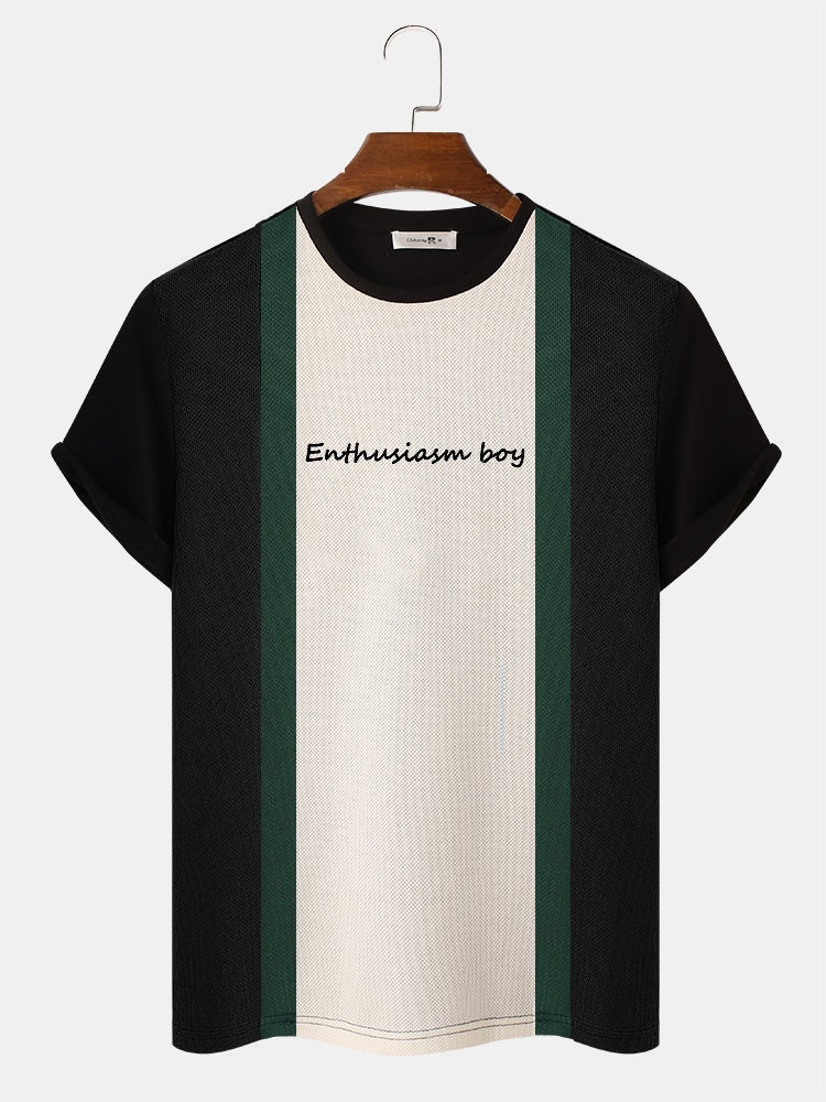 Men's Block Stripe Patchwork T-Shirt | Letter Embroidery Knitted Short Sleeve Preppy Style
