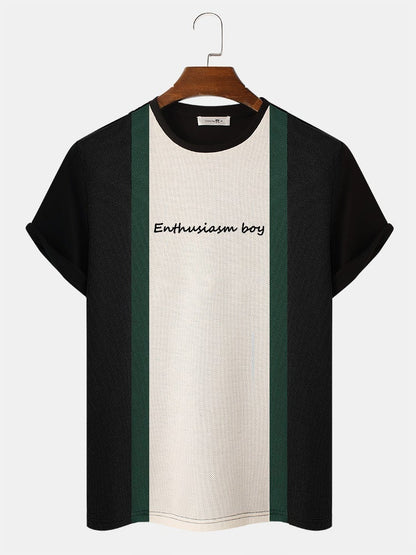 Men's Block Stripe Patchwork T-Shirt | Letter Embroidery Knitted Short Sleeve Preppy Style