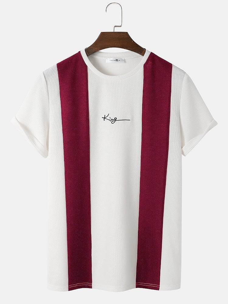 Men's Knit Two-Tone Patchwork T-Shirt | Embroidered Preppy Short Sleeve Style