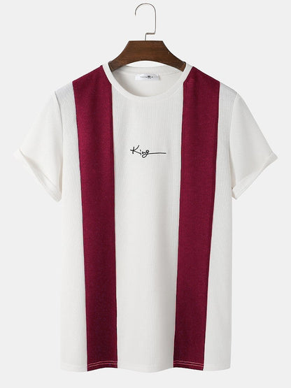 Men's Knit Two-Tone Patchwork T-Shirt | Embroidered Preppy Short Sleeve Style