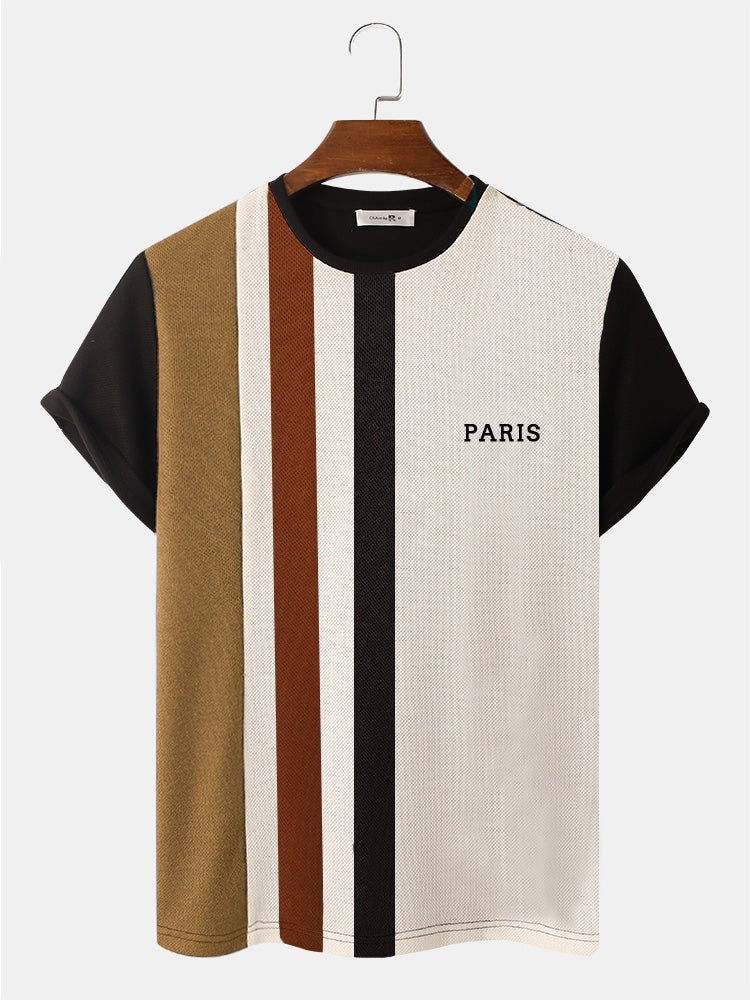 Men's Striped Patchwork Knit T-Shirt | Crew Neck Preppy Short Sleeve Style