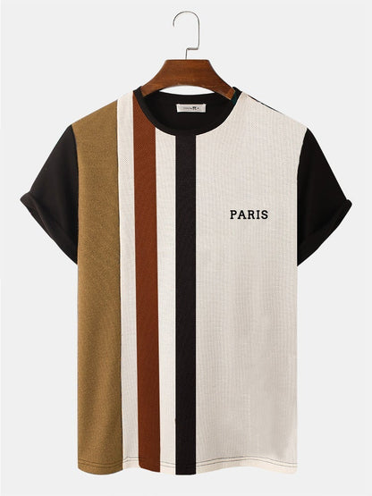 Men's Striped Patchwork Knit T-Shirt | Crew Neck Preppy Short Sleeve Style