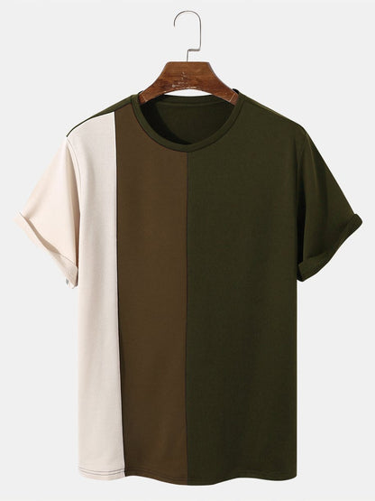 Men's Tricolor Patchwork T-Shirt | Crew Neck Short Sleeve Preppy Style