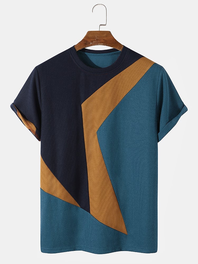 Men's Knit Irregular Color Block T-Shirt | Preppy Stitching Short SleeveMen's Knit Irregular Color Block T-Shirt | Preppy Stitching Short Sleeve