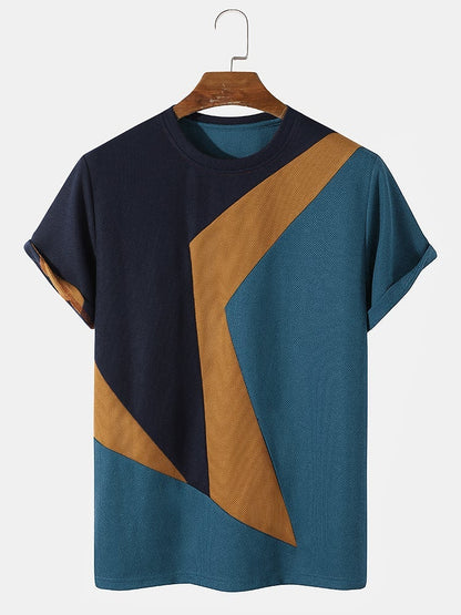 Men's Knit Irregular Color Block T-Shirt | Preppy Stitching Short SleeveMen's Knit Irregular Color Block T-Shirt | Preppy Stitching Short Sleeve