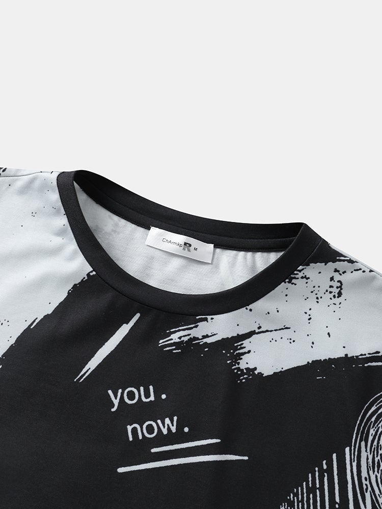 Men's Letter Graffiti T-Shirt | Black Crew Neck Short Sleeve Style