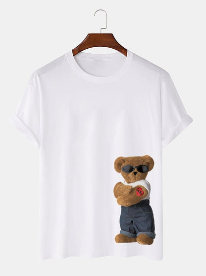 Men's 100% Cotton Cartoon Bear Pattern T-Shirt | Preppy Short Sleeve Style