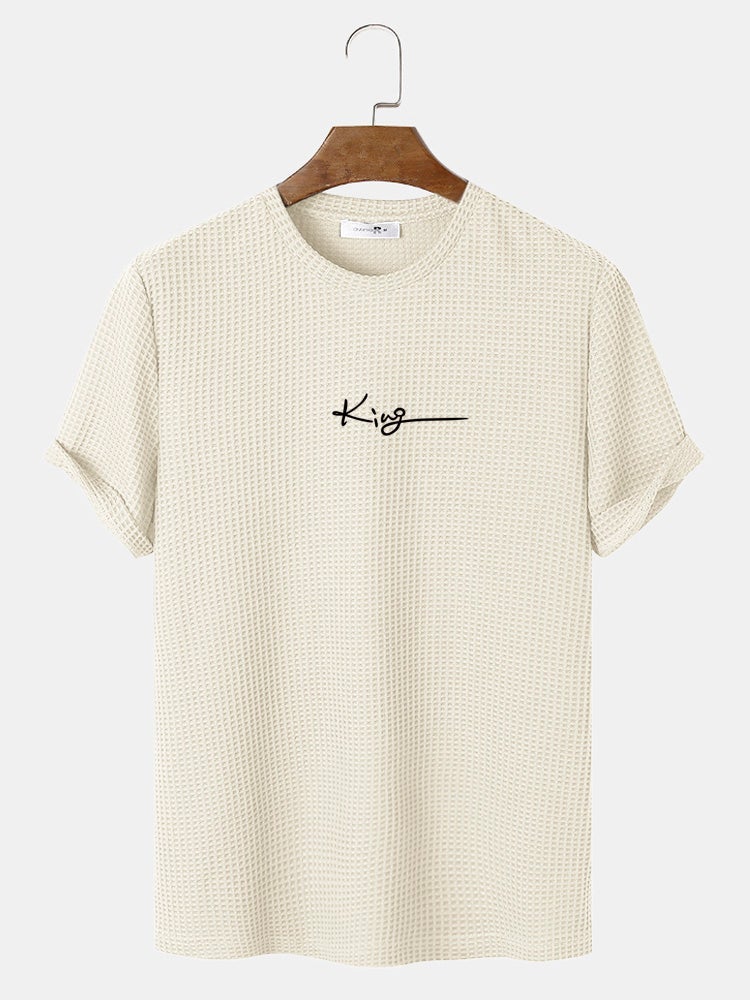 Men's King Letter Embroidery T-Shirt | Casual Knitted Texture Short Sleeve