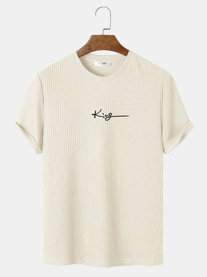 Men's King Letter Embroidery T-Shirt | Casual Knitted Texture Short Sleeve