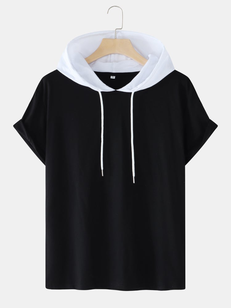 Men's Two-Tone Cotton T-Shirt | Casual Short Sleeve with Drawstring Hood