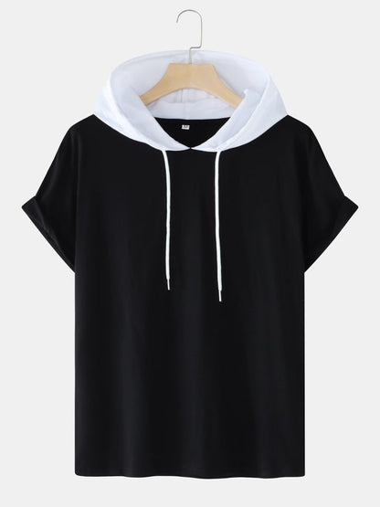 Men's Two-Tone Cotton T-Shirt | Casual Short Sleeve with Drawstring Hood