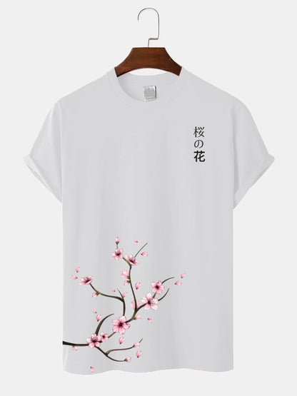 Men's Japanese Style Cherry Blossoms Print T-Shirt | Cotton Short Sleeve