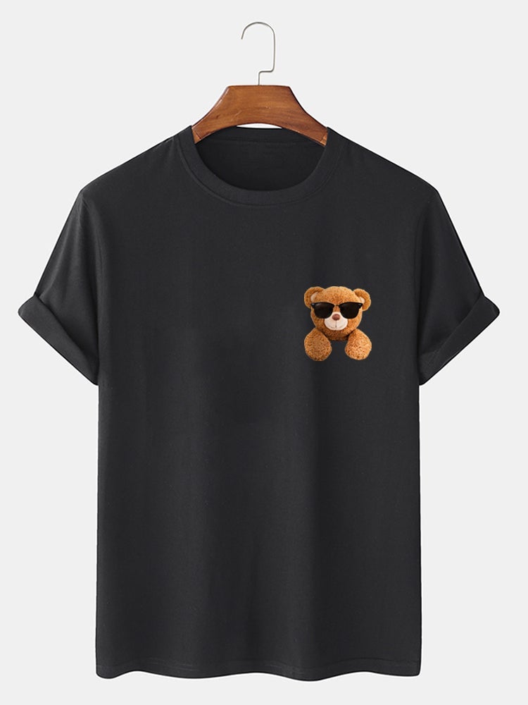 Men's 100% Cotton Cool Bear Print T-Shirt | Preppy Short Sleeve Style