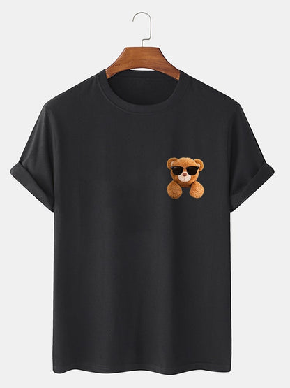 Men's 100% Cotton Cool Bear Print T-Shirt | Preppy Short Sleeve Style