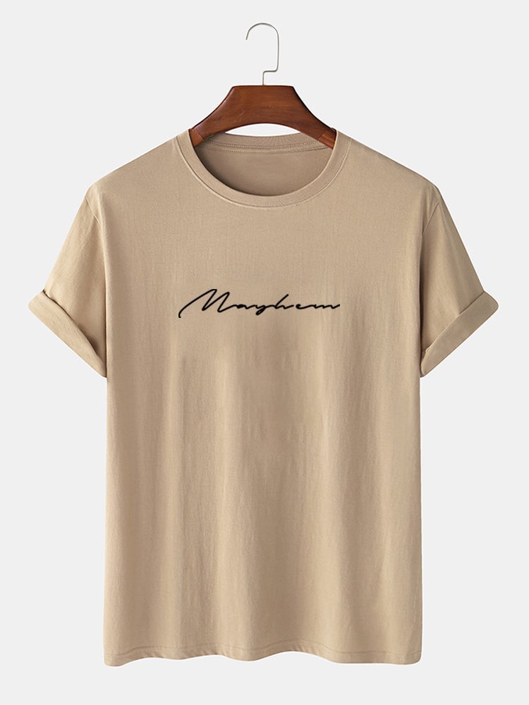 Men's 100% Cotton Letter Script Print T-Shirt | Casual Short Sleeve Style