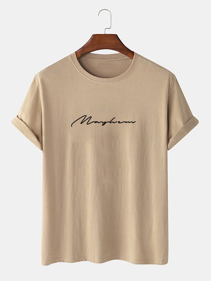 Men's 100% Cotton Letter Script Print T-Shirt | Casual Short Sleeve Style