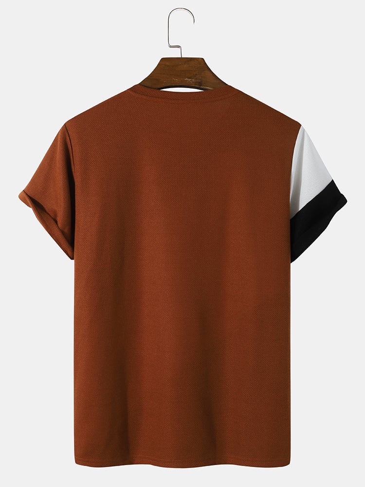 Men's Knit Color Block Panel T-Shirt | Loose Preppy Patchwork Short Sleeve