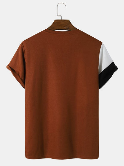 Men's Knit Color Block Panel T-Shirt | Loose Preppy Patchwork Short Sleeve