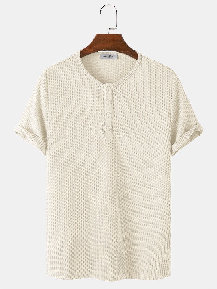 Men's Knitted Waffle T-Shirt | Solid Color Casual Short Sleeve Style