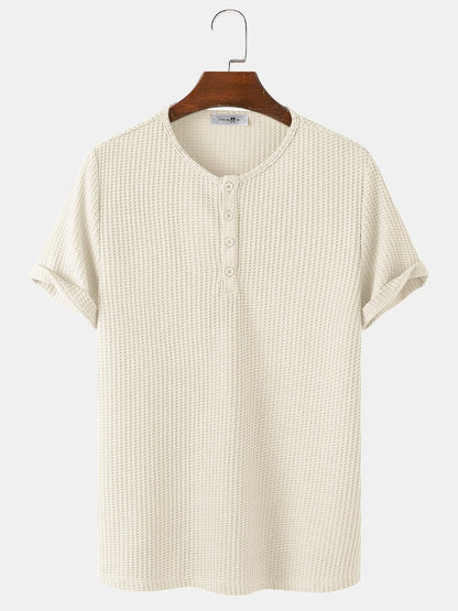 Men's Knitted Waffle T-Shirt | Solid Color Casual Short Sleeve Style