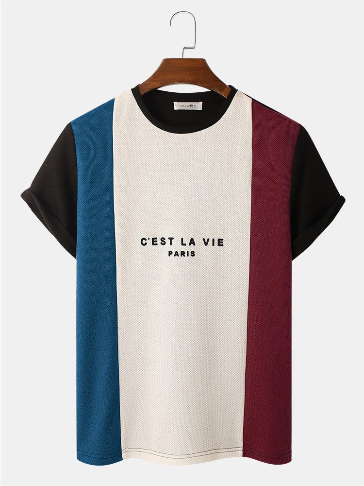 Men's Letter Pattern Knitted Patchwork T-Shirt | Crew Neck Short Sleeve